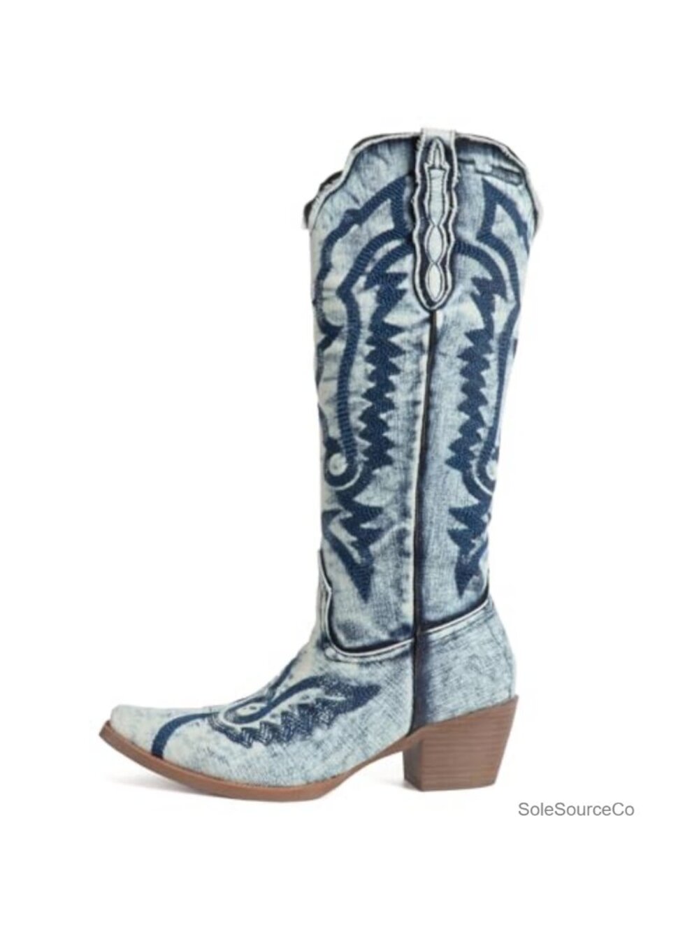 Denim Embroidered Cowboy Boots Knee High Pointed Toe Chunky Heel